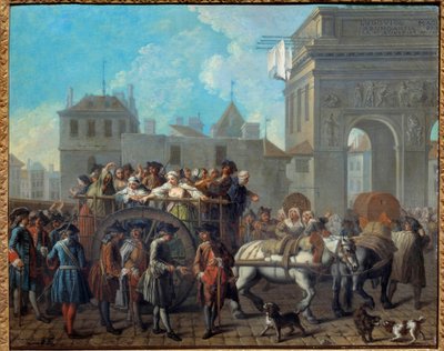 Oppførselen til gledens jenter i Salpetriere, passasjen ved portene til Saint Bernard. Det nåværende Salpetriere Hospital var opprinnelig et fengsel og et hospits for kvinner. Maleri av Etienne Jeaurat (1699-1789) 1757 Dim. 0,65 x 0,82 m Paris, Musee Car av Étienne Jeaurat