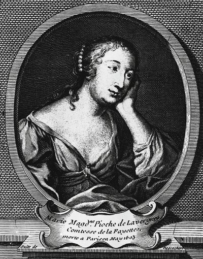 Medaljongportrett av Marie-Madeleine Pioche de La Vergne, Comtesse de La Fayette (1634-1693), fransk romanforfatter, gravering av Etienne Jehandier Desrochers (1668-1741) av Etienne Jehandier Desrochers