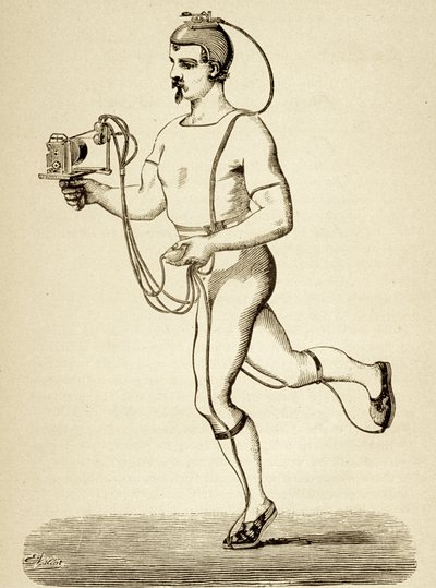Runner utstyrt med apparatet beregnet på å registrere hans forskjellige skritt, fra Popular Science Monthly, pub.1875 av Etienne Jules Marey