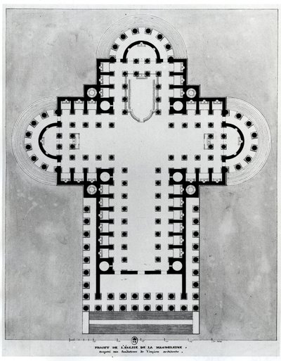 Prosjekt for Madeleine-kirken. Tegning. Arkitektur av Etienne Louis Boullee (Etienne-Louis Boullee), fransk arkitekt (1728-1799). av Etienne Louis Boullee