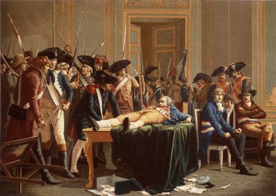 Morgenen den 10. Thermidor år II; Maximilien de Robespierre, med en brukket kjeve, spredt på et bord (chromolitho) av Etienne Lucien (after) Melingue