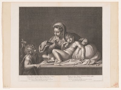 Maria met sleepende Christus maant Johannes de Doper tot stilte Jesus Christ dormant (...)/ Christus in the bosom of Mary sleeping (...) (tittel på objekt) av Etienne Picart