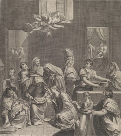 Jomfruens fødsel, kvinne sittende med et spedbarn i fanget, mange kvinner rundt..., 1677. av Etienne Picart