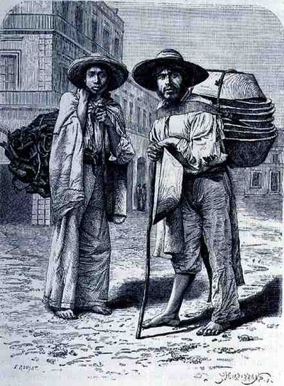 Charcoal and Batteas Vendors, fra The Ancient Cities of the New World, av Claude-Joseph-Desire Charnay, gravert av Henri-Theophile Hildebrand (1824-97), pub. 1887 av Etienne after Ronjat