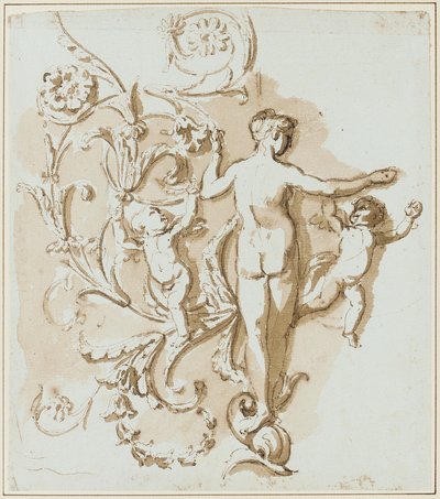 En naken kvinne sett bakfra, med to putti, blant akantus-bladdekor av Etienne de Lavallee Poussin