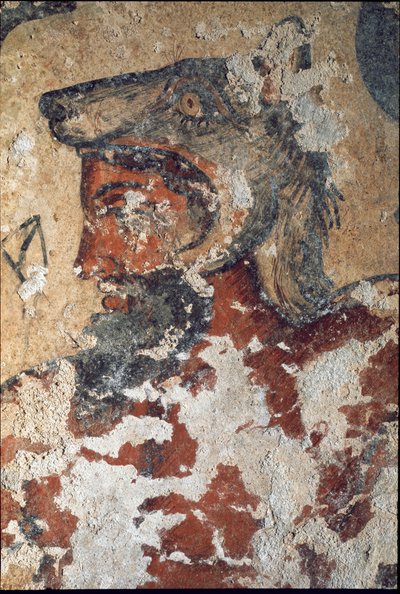 Aita (Eiza), etruskisk gud for livet etter døden, iført en ulvehette (detalj av freskomaleri, 4. f.Kr.) av Etruscan