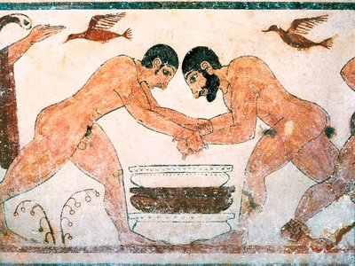 Etruskisk kunst: Idrettsutøvere avbildet i Augurs grav i nekropolisen Monterozzi Tarquinia, nær Viterbo, Italia. Freske fra 600-tallet f.Kr. av Etruscan