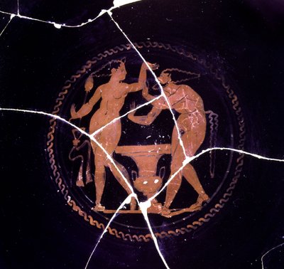 Detalj av en kylix som representerer en maenade og en satyr, 330-300 f.Kr av Etruscan