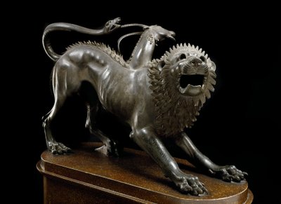 Etruskisk kunst: Chimere d'Arezzo blessee av Bellerophon (Chimera ferita av Bellerofonte) - Bronseskulptur, 400-350 f.Kr. - Arkeologisk museum i Firenze - Chimera of Arezzo - Etruskisk bronseskulptur (H. 65 cm), 400-350 f.Kr. - Firenze , Museo Archeolo av Etruscan