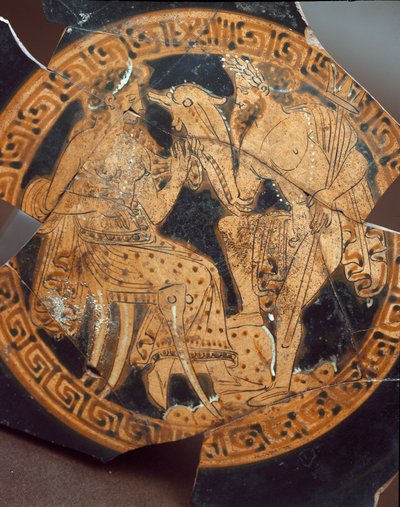 Etruskisk antikvitet: detalj av en kylix som representerer Poseidon og Amphitrite. Fra Falerii Veteres (Civita Castellana) 600-tallet f.Kr. Roma, Nasjonalmuseet for Villa Giulia av Etruscan