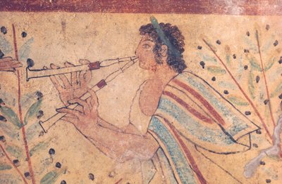 Etruskisk kunst: en fløytespiller. Detalj av en freskomaleri ved Leopardenes grav, i nekropolisen de Monterozzi, Italia, beg av 500-tallet f.Kr. (fresco) av Etruscan