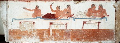 Etruskisk kunst: bankettscene. Freske av graven til "dykkeren". Fra den sørlige kirkegården i Paestum. 480-470 f.Kr. Museo Archeologico Nazionale, Paestum av Etruscan