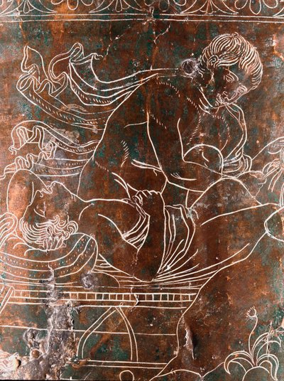 Etruskisk kunst: detalj av bronse Ficoroni Cistus som representerer legenden om Argonautene: skipet Argos. Fra Preneste (Palestrina). 340 f.Kr. Museo Nazionale di Villa Giulia, Roma av Etruscan