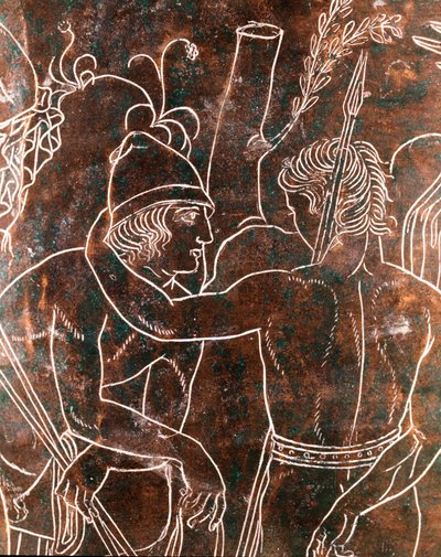 Etruskisk kunst: detalj av bronse Ficoroni Cistus som representerer legenden om Argonautene. Fra Preneste (Palestrina). 340 f.Kr. Nasjonalmuseet for Villa Giulia, Roma av Etruscan