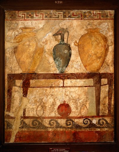 Etruskisk kunst: bord med vaser med tilbud. Freske fra kirkegården i Paestum. 4. århundre f.Kr. Museo Archeologico Nazionale, Napoli, Italia av Etruscan