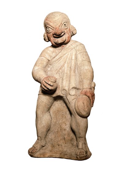 Etruskisk sivilisasjon: representasjon av en komisk skuespiller med grotesk uttrykk. Skulptur fra det 2. århundre før JC. London, britisk museum av Etruscan