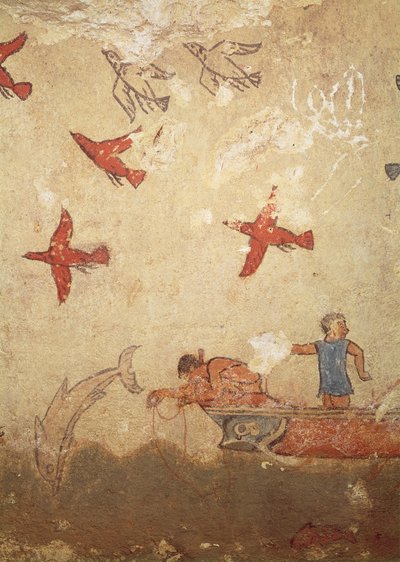 Fiskebåt, fra graven for jakt og fiske, ca. 520-10 f.Kr. (veggmaleri) av Etruscan