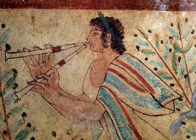 Fløytist. Detalj av en freskomaleri av leopardenes grav, 500-tallet f.Kr av Etruscan