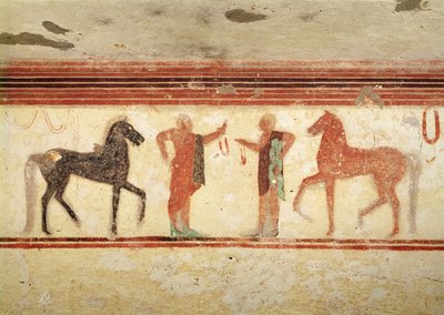 Hester og ryttere som holder tøylene, fra baronens grav, ca. 500 f.Kr. (veggmaleri) av Etruscan
