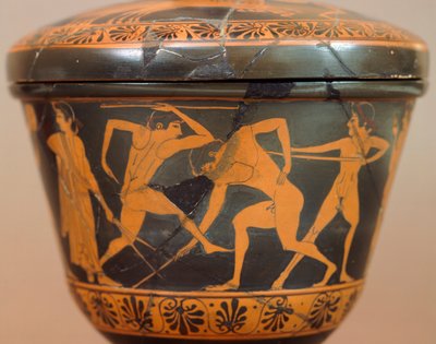 Pyxis med idrettsutøvere i treningsstudioet. Rødfigurkeramikk, fra Cerveteri (Lazio). Etruskisk sivilisasjon, 4. århundre f.Kr. av Etruscan
