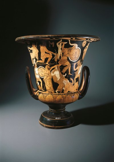 Keramikk med rød figur, begerkrater som viser Neoptolemus, Astyanax, Helen av Troja og Priamo på bakken, av Nazzano Painter, fra Civita Castellana av Etruscan