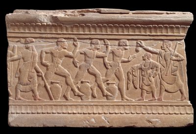 Avlastning med et løp av idrettsutøvere fra en marmormilepæl i Chiusi, Italia, 6. århundre f.Kr. av Etruscan