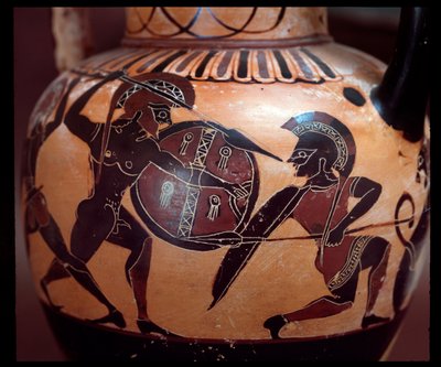 Terrakotta amfora med representasjon av en duell mellom to soldater, 520-500 f.Kr. av Etruscan
