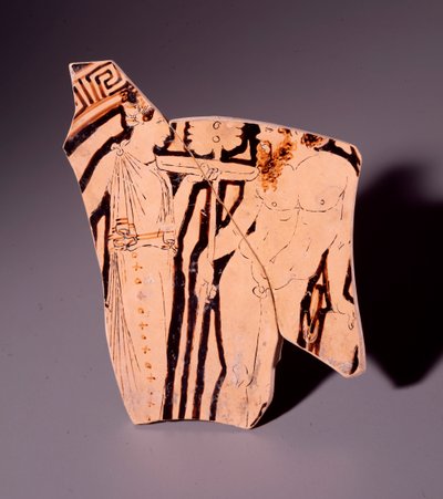 Terrakottafragment av kylix som representerer en maenade og en satyr, 350 f.Kr av Etruscan