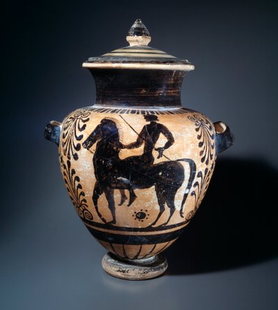 Terracotta stamnos som representerer en rytter, 500-490 f.Kr av Etruscan