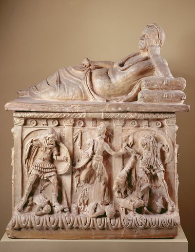 Cinerary Urne, 2. århundre f.Kr. (terrakotta med polykrom) av Etruscan Etruscan
