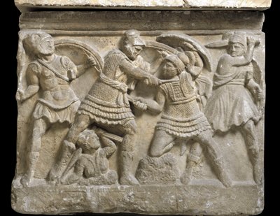 Etruskisk kunst: "" Eteocle and Polynice""" de to brødrene, sønn av Oidipus, Basrelieff av en sarkofag av Chiusi, 3. århundre f.Kr. - Palermo, Museo Archeologico Nazionale - Duell mellom brødrene Eteocles og Polynices, sønner av Oedipus - Bas - lettelse, d av Etruscan Etruscan