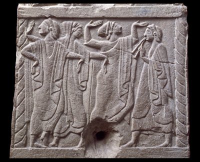 Relieff med dansere fra en marmormilepæl i Chiusi, Italia, 6. århundre f.Kr. av Etruscan Etruscan