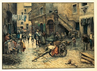 Italia, Roma, Gateliv på Via Capocciuto i (jødisk) ghetto i Roma av Ettore Roesler Franz, akvarell av Ettore Roesler Franz