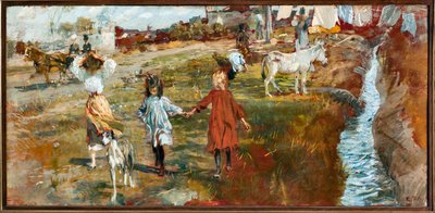 Landskap med barn og hund, et esel ved elven (olje på lerret av Ettore Tito