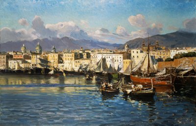 Gamle havnen i Palermo (olje på lerret) av Ettore de Maria Bergler