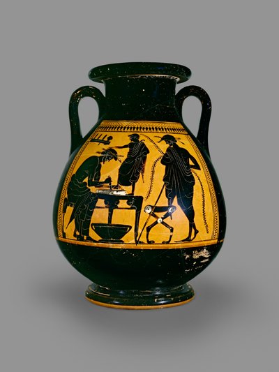 Attic svart-figur pelike dekorert med en scene av en skomaker som skjærer skinn for en sko, tidlig på 500-tallet f.Kr. (keramikk) av Eucharides Painter