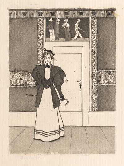 Interiør med ung kvinne i gåkostyme, 1895. av Eugen Kirchner
