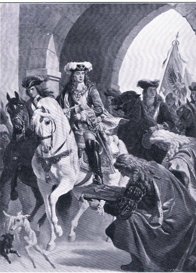 Østerrikerne på vei inn i Beograd, illustrasjon fra Landmarks in European History utgitt av Gresham Publishing Co, ca. 1920 (litho) av Eugen von Blaas