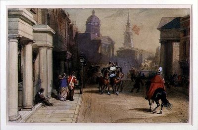 Trafalgar Square fra Pall Mall, ca. 1848-52 (akvarell og gouache over blyant på papir) av Eugene Louis Lami