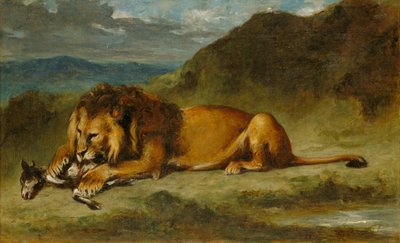 Lion Devouring a Goat, ca. 1850 (olje på lerret) av Eugene  Delacroix