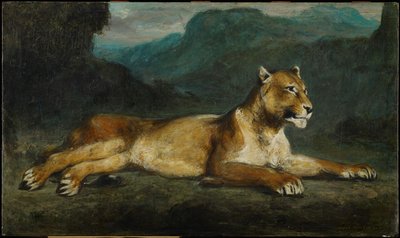 Løvinne liggende, ca. 1855 (olje på panel) av Eugene  Delacroix