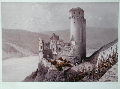 Schloss Ehrenfels i Rhindalen, ca. 1863 (farge litho) av Eugene (after) Ciceri