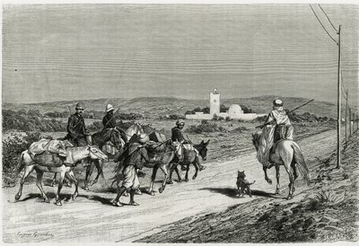 Traileren vår flytter seg. Gravert av Eugene Girardet, for å illustrere historien "" Voyage en Tunisie", av Rene Cagnat (1852-1937) historiker og Henri Saladin (1851-1923), arkitekt, bestilt i 1882-1883, av departementet for offentlig undervisning. Publise av Eugene Alexis Girardet