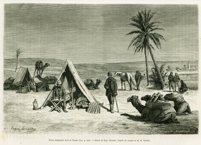 Reiseleir i nærheten av Tozeur. Gravering av Eugene Girardet for å illustrere historien Voyage en Tunisie, av R.Cagnat og H.Saladin, i le tour du monde 1886, regissert av Edouard Charton (1807-1890), Hachette, Paris. av Eugene Alexis Girardet