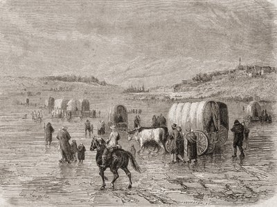 Et vogntog på vei vestover på 1860-tallet, gravert av Stephane Pannemaker (1847-1930) av Eugene Antoine Samuel Lavieille