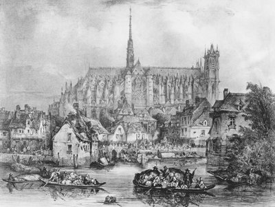 Utsikt over katedralen i Notre Dame, Amiens, fra Pont Dudon (litho) (bw-bilde) av Eugene Balan
