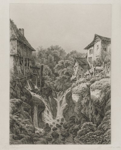 Møllen og fossen i Grésy nær Aix-les-Bains av Eugene Bléry