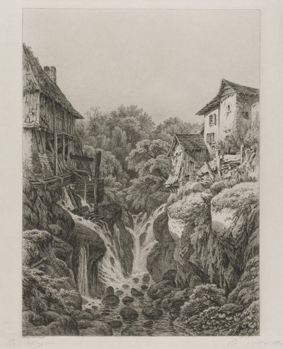 Møllen og fossen i Grésy nær Aix-les-Bains, 1856. av Eugene Bléry