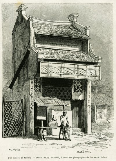 Et Monkay-hus. Gravering av Eugene Burnand, for å illustrere historien Sur les frontières du Tonkin, av doktor P.Neiss, i le tour du monde 1888, regissert av Edouard Charton (1807-1890), Hachette, Paris. av Eugene Burnand