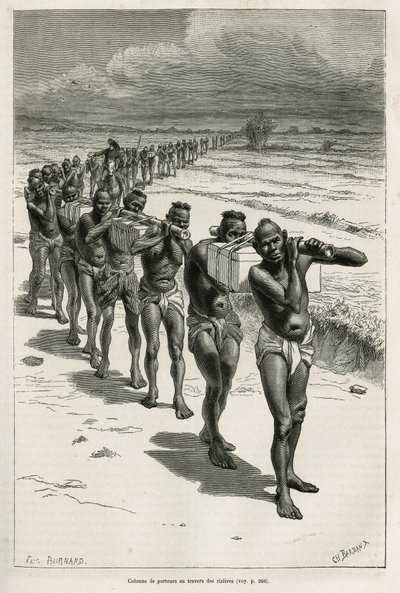 Søyle av bærere gjennom rismarkene, mellom Bassac og Hue, etset etter en tegning av Eugene Burnand, for å illustrere historien om Laos og de ville populasjonene i Indokina, av Dr. Harmand, i 1877, publisert i tour du monde, under det direkte av Eugene Burnand